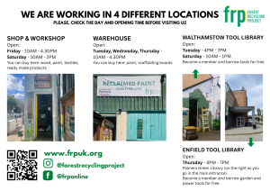 Places and times when FRP's sites are open. We are working in 4 different locations please, check the day and opening time before visiting us
