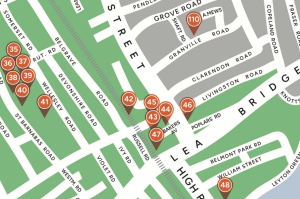 a map showing local to FRP streets and numbers of showcases for the event in this area